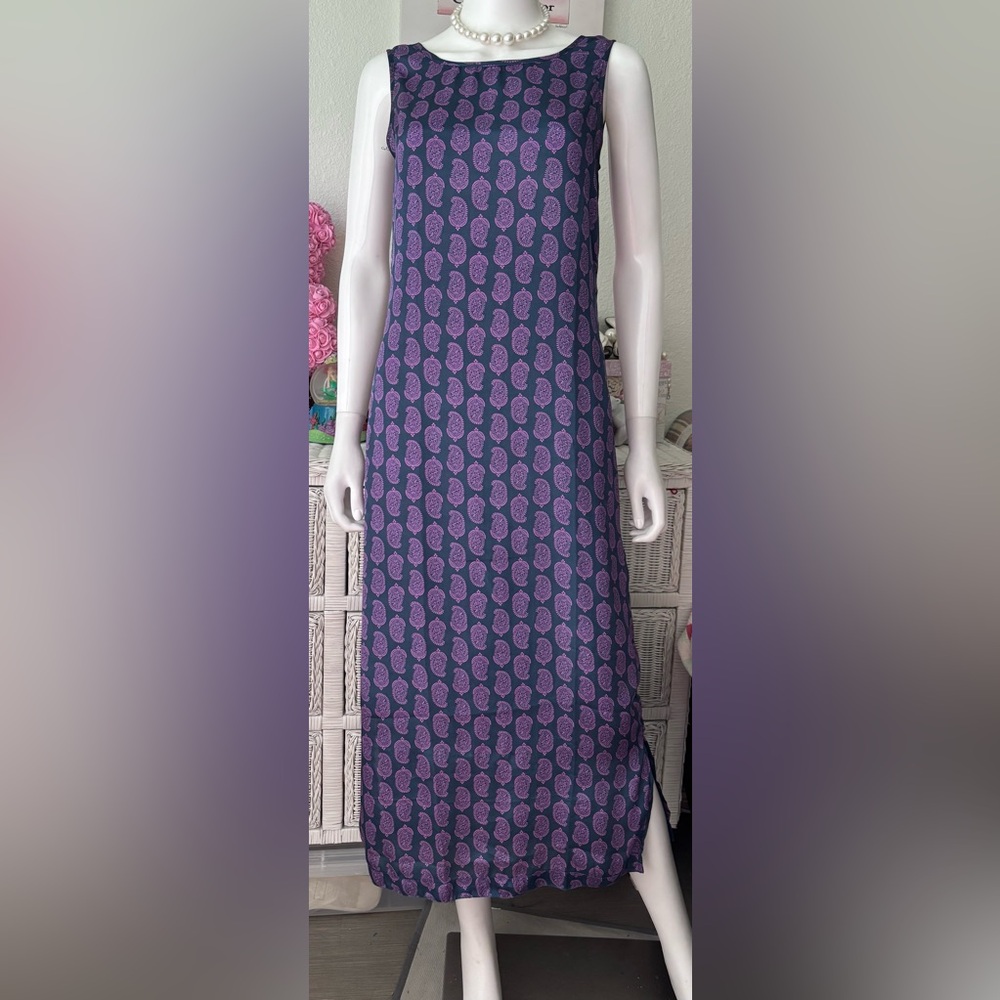 Natura Midi Dress Silk Modest Leg Slits Blue & Lavender Geometric Print Size S